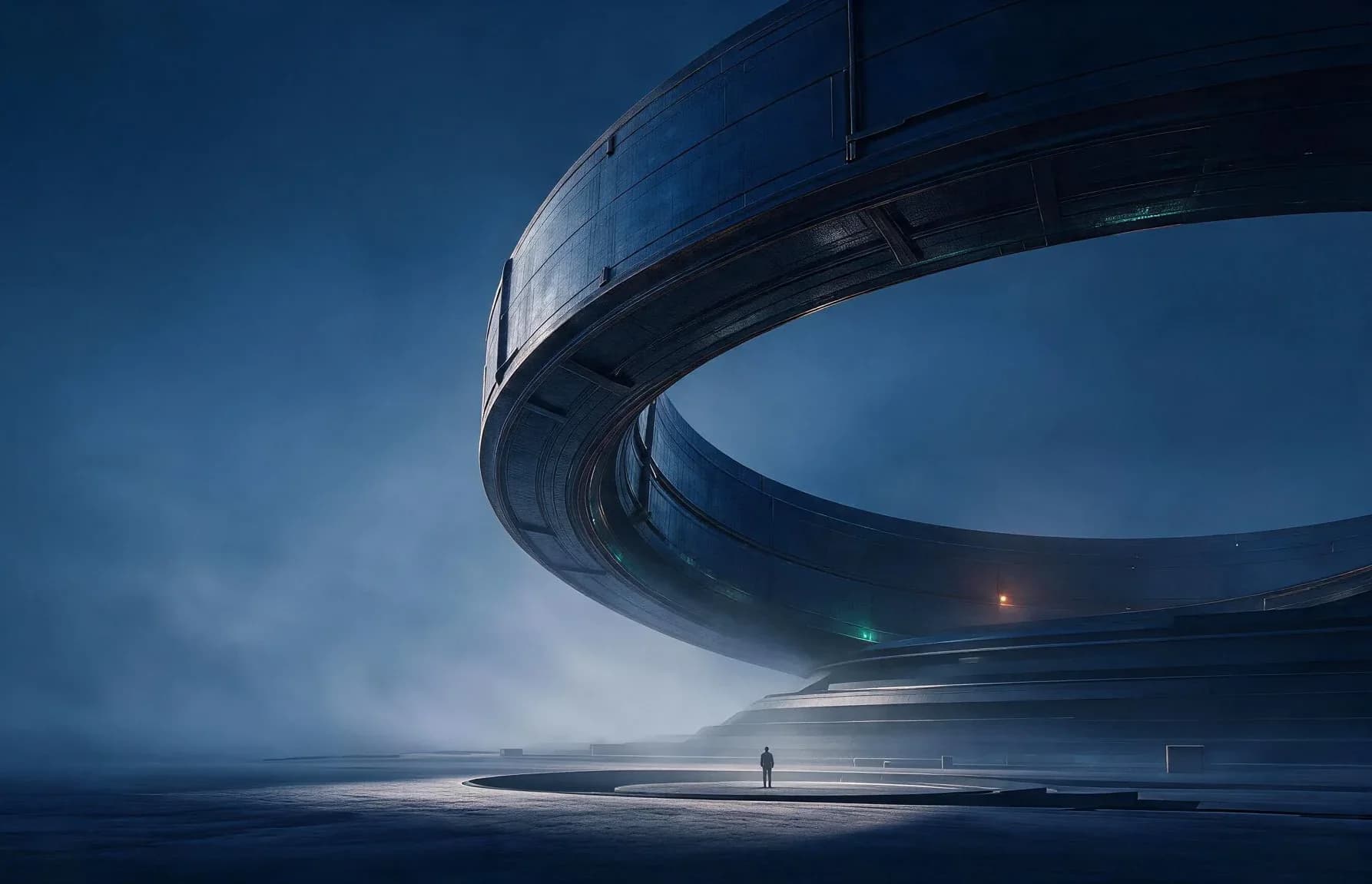 A monumental ring-shaped engineering structure in deep-blue mist